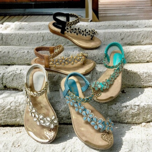 Restock! Italina Green Floral Gold Metallic Braided Rhinestone Low Heeled Sandal - Picture 10 of 10